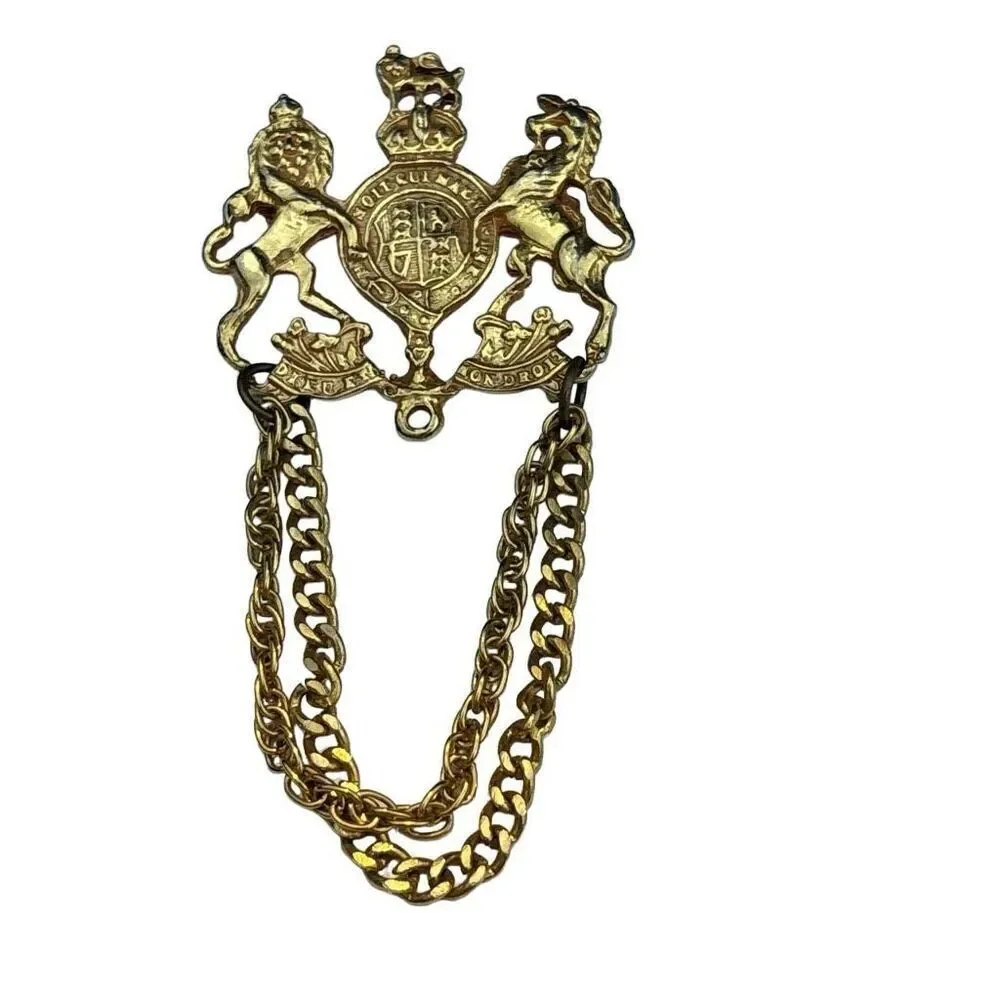 Vintage British Heraldic Double Chain Brooch Cloak Clasp Lion Crest